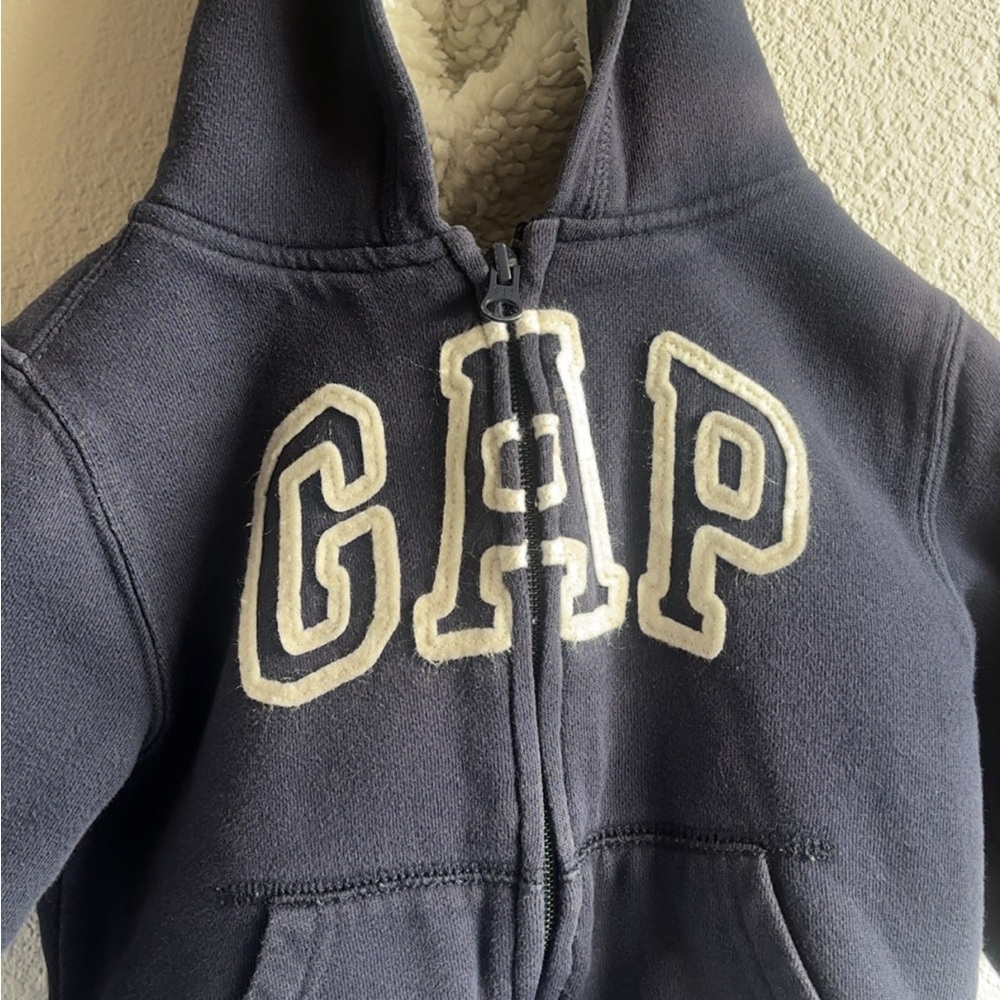 GAP Kids Navy Blue Sherpa-Lined Zip Hoodie with White Applique